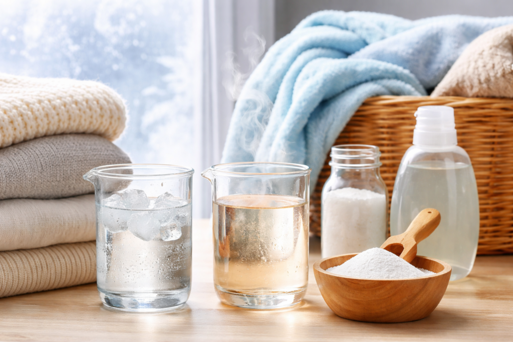 A winter laundry scene showing a washing machine with folded sweaters nearby, representing cold and warm water washing choices.