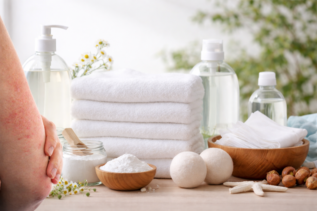Close-up of an arm with visible eczema irritation beside folded white towels and fragrance-free laundry items, illustrating how laundry residue and fabric contact can affect sensitive skin.