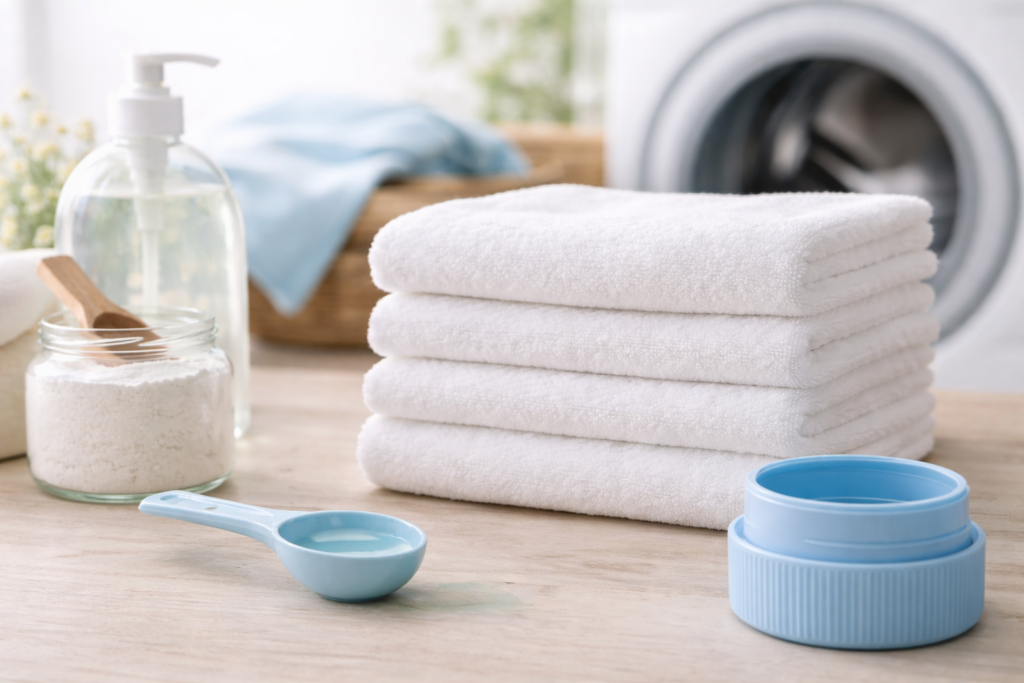 Small measuring spoon with a modest amount of liquid detergent beside folded white towels on a wooden surface, with an empty detergent cap and washing machine softly blurred in the background.