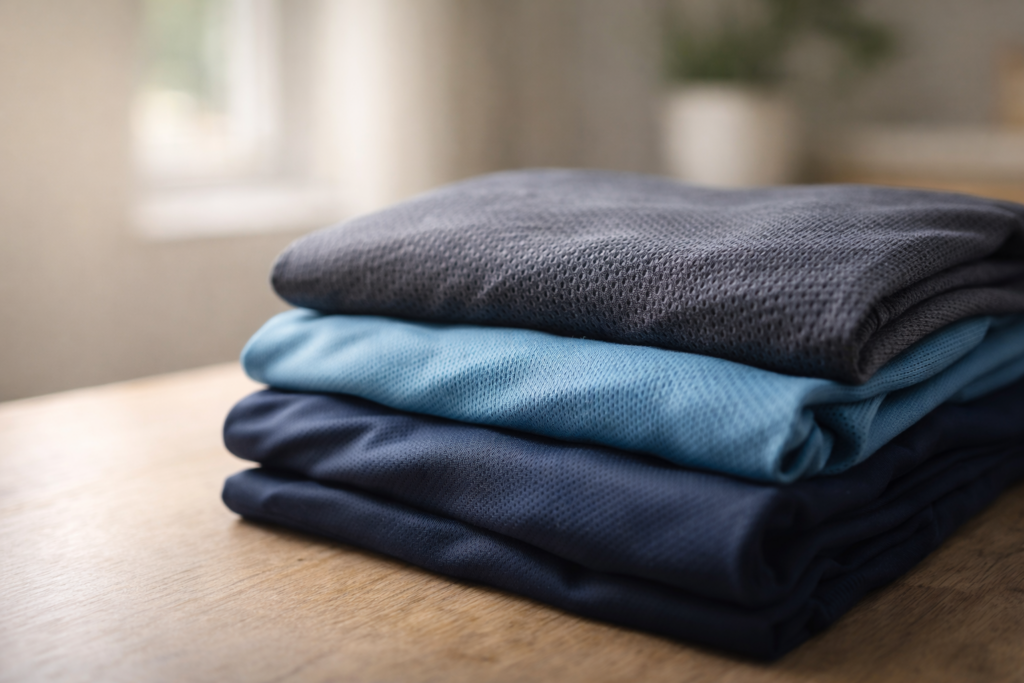 Folded athletic clothing stacked on a wooden surface in soft natural daylight, showing clean, breathable fabric textures.