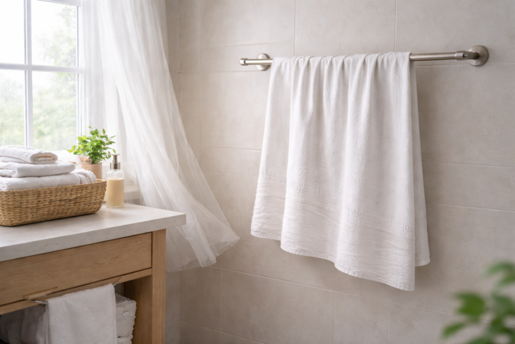 White cotton bath towel hanging fully open on a towel bar near a window, drying naturally in a bright, well-ventilated bathroom.