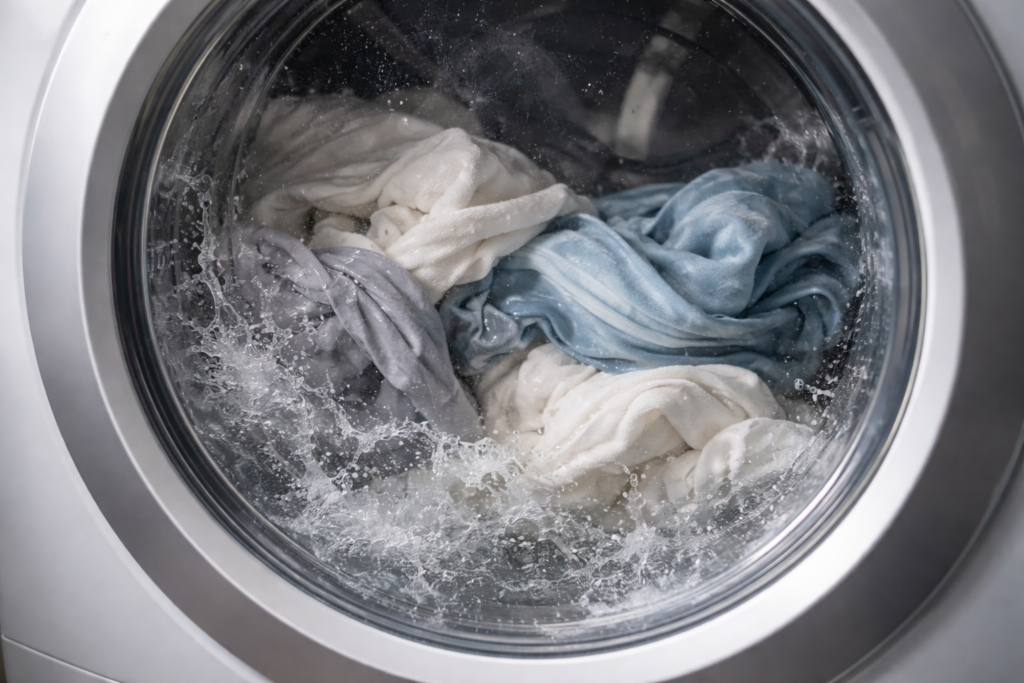 Interior view of a front-loading washing machine with mixed light-colored fabrics tumbling in water during a wash cycle.