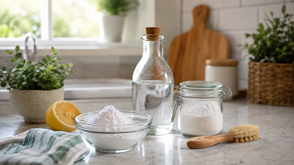 Glass jars of white cleaning powders, a bottle of clear vinegar, a lemon, and a wooden scrub brush arranged on a bright kitchen countertop with natural light and indoor plants.